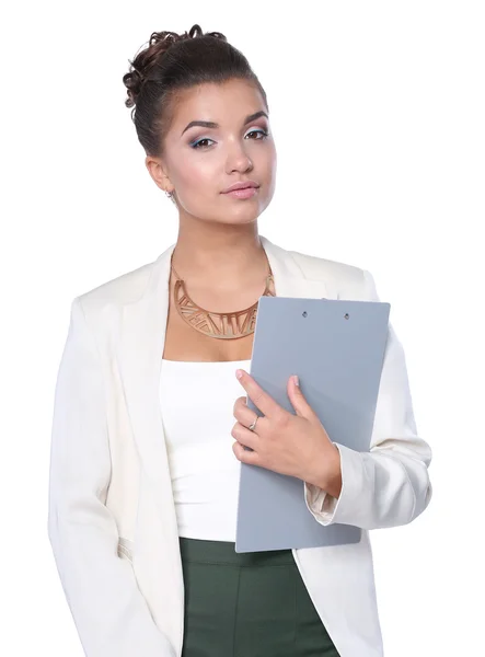 Portrait of a young woman working at office with folder — Stock Photo, Image