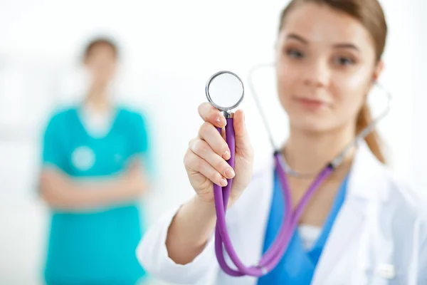 Close-up of female doctor using stethoscope — Stock Photo, Image
