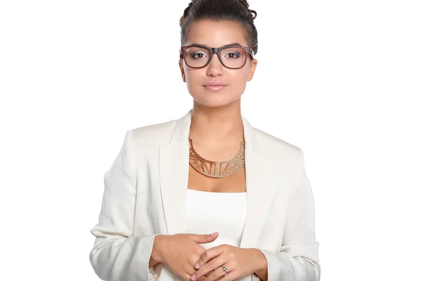 Portrait of  young business woman standing on white background — Stock Photo, Image