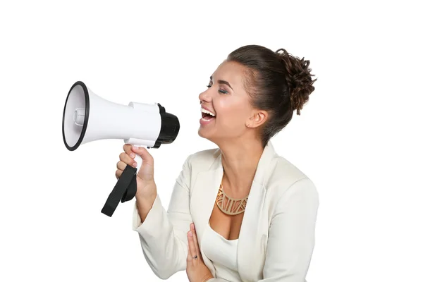 Business woman with megaphone yelling and screaming isolated on white background — Stock Photo, Image