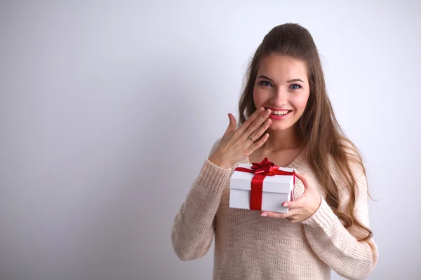 Young woman happy smile hold gift box in hands — Stock Photo, Image