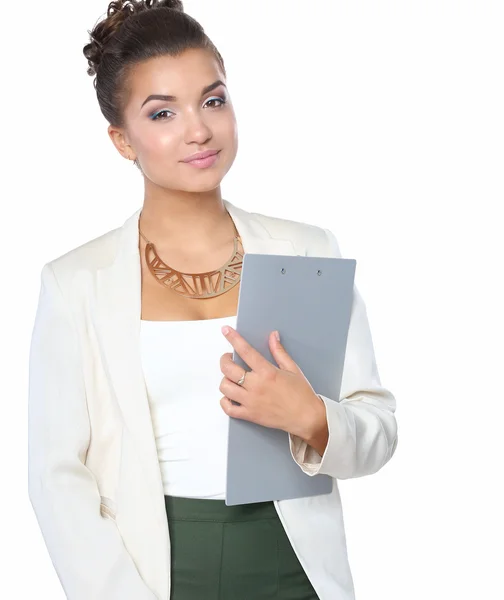 Ritratto di giovane donna d'affari in piedi su sfondo bianco — Foto Stock