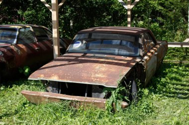 Eski terk edilmiş paslı araçlar, hurdalıkta ezilmiş arabalar. Arabalar geri dönüşüm konsepti.