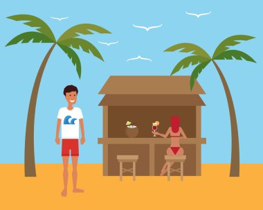 Yaz tatili. Adam güzel kız ile plaj kafede dinlendirici. Düz vektör