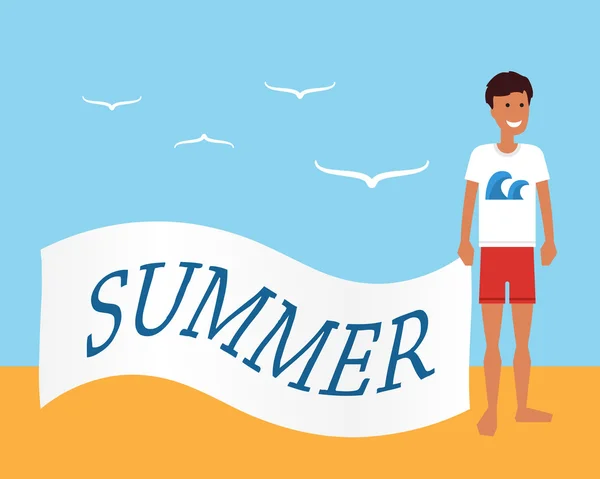 Καλοκαίρι διαφήμιση. Ο άνθρωπος στην παραλία κρατώντας πανό με διαφήμιση. Επίπεδη διανυσματικά εικονογράφηση. — Διανυσματικό Αρχείο