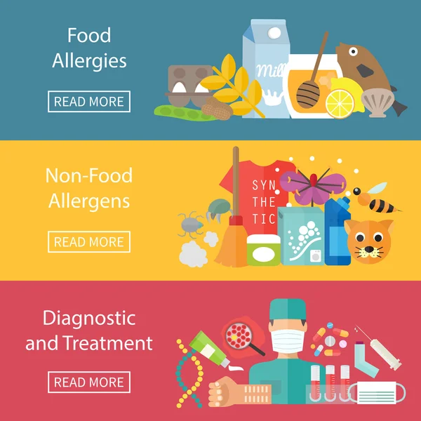 Allergies infographics set with allergens diagnostics and allergy treatment. — Stock Vector