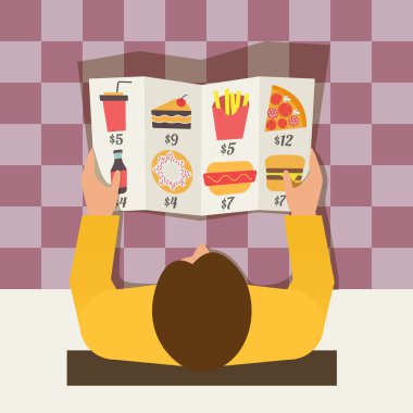 Öğle yemeği zamanı. adam yemek fast food café'sipariş. Menü ve vektör simgeler düz tasarım.