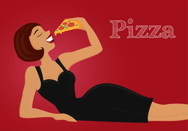 Pin up wanita cantik makan pizza. Ilustrasi vektor datar terisolasi . - Stok Vektor