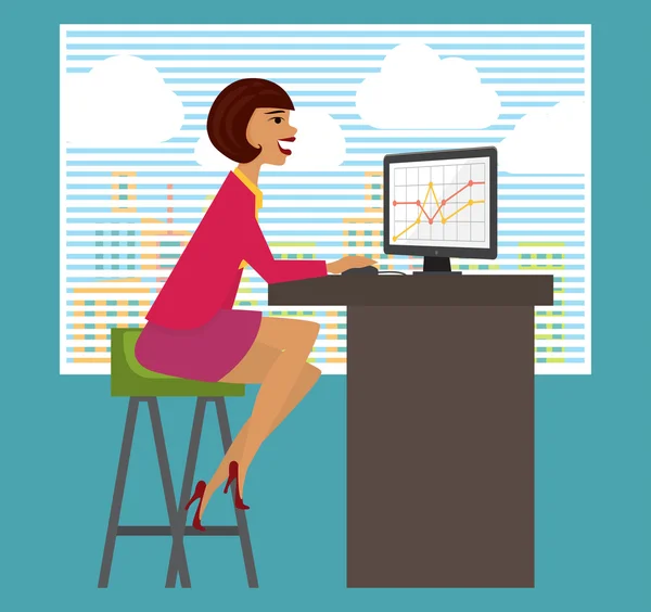 Workplace, office desk. Business woman working at computer. — Stock Vector