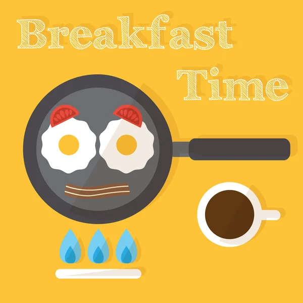 Breakfast time. Fried eggs making process, preparing food. Flat design vector. — Stock Vector