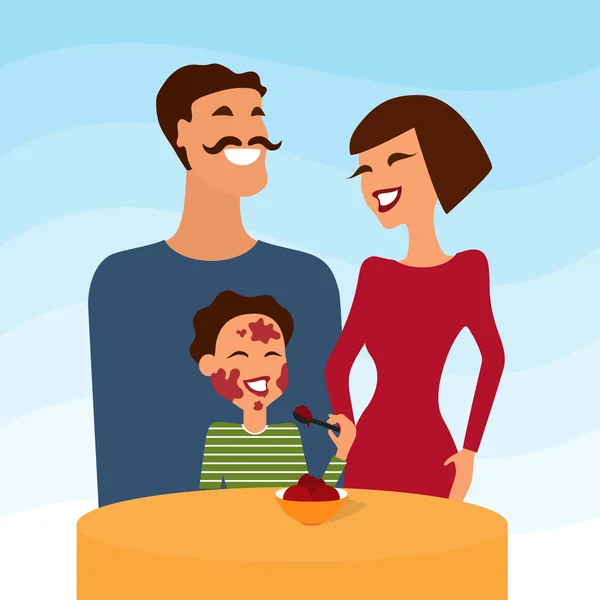 Família feliz, mãe pai e filho comendo gelado. Ilustração vetorial . — Vetor de Stock