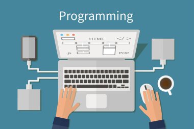 Programlama ve Web sitesi deveopment, kodlama web tasarım. Düz vektör kavramı.