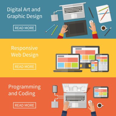 Grafik ve Web Tasarım, programlama, dijital sanat, kodlama. Serbest meslek. Düz tasarım vektör konsepti.