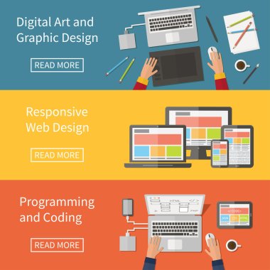 Graphic and Web design, programming, digital art, coding. Freelance occupation. Flat design vector concept. clipart
