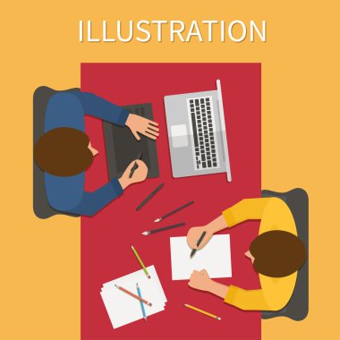 İşyeri, dijital illüstrasyon işlemi. Laptop ve grafik tablet.