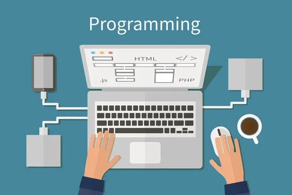 Programování a kódování stránky deveopment, web designu. Koncept ploché vektor. — Stockový vektor