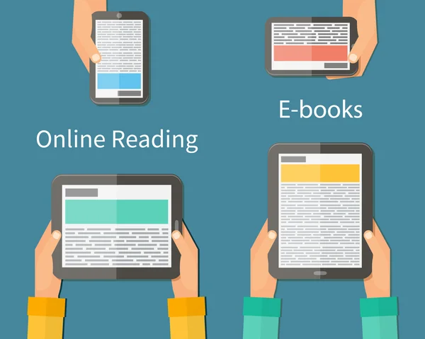 Lectura en línea y E-book. Concepto de tecnología de dispositivos móviles. Ilustración vectorial . — Vector de stock
