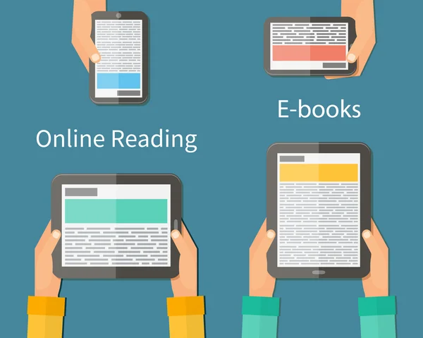 온라인 독서 고 전자-책입니다. 모바일 장치 기술 개념입니다. 벡터 일러스트 레이 션. — 스톡 벡터