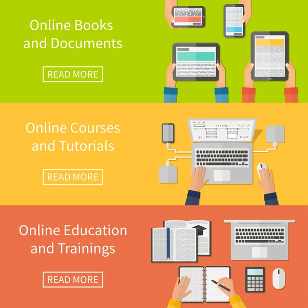 Educación en línea, cursos de formación en línea y tutoriales, libros electrónicos. Dispositivos digitales, laptop. Banderas de diseño plano . — Archivo Imágenes Vectoriales