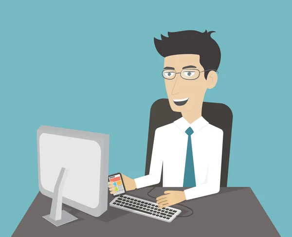 Hombre de negocios trabajando en la computadora — Vector de stock