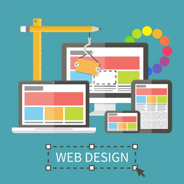 Diseño web sensible, desarrollo de aplicaciones y construcción de páginas . — Vector de stock