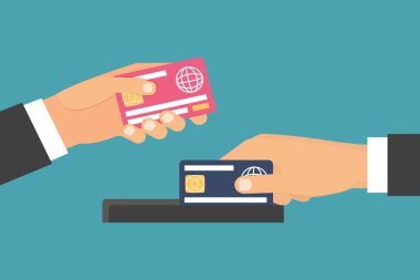 Para, plastik kart holding eller. Exchange, transfer ve satın alma. Düz tasarlamak vektör.