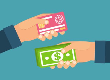 Para, plastik kart holding eller. Exchange, transfer ve satın alma. Düz tasarlamak vektör.