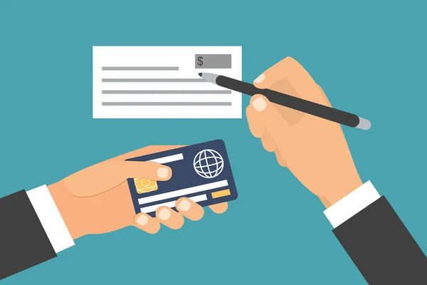 Para, plastik kart holding eller. Exchange, transfer ve satın alma. Düz tasarlamak vektör.