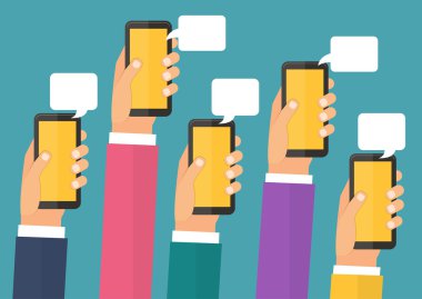 Mobil Instant messenger sohbet, akıllı telefonlar ile el. Düz tasarlamak vektör.