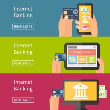 Internet Bankacılığı, online satın alma ve işlem. Düz vektör çizim.