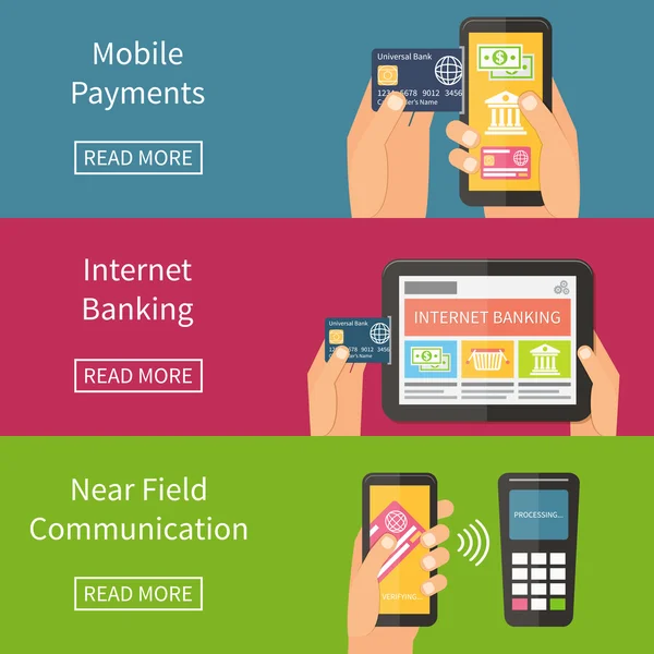 Bancaire sector, mobiele betalingen via internet en nfc technologie. Platte vectorillustratie. — Stockvector