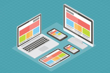 Duyarlı web tasarım, bilgisayar ekipmanı, 3d izometrik düz vektör.