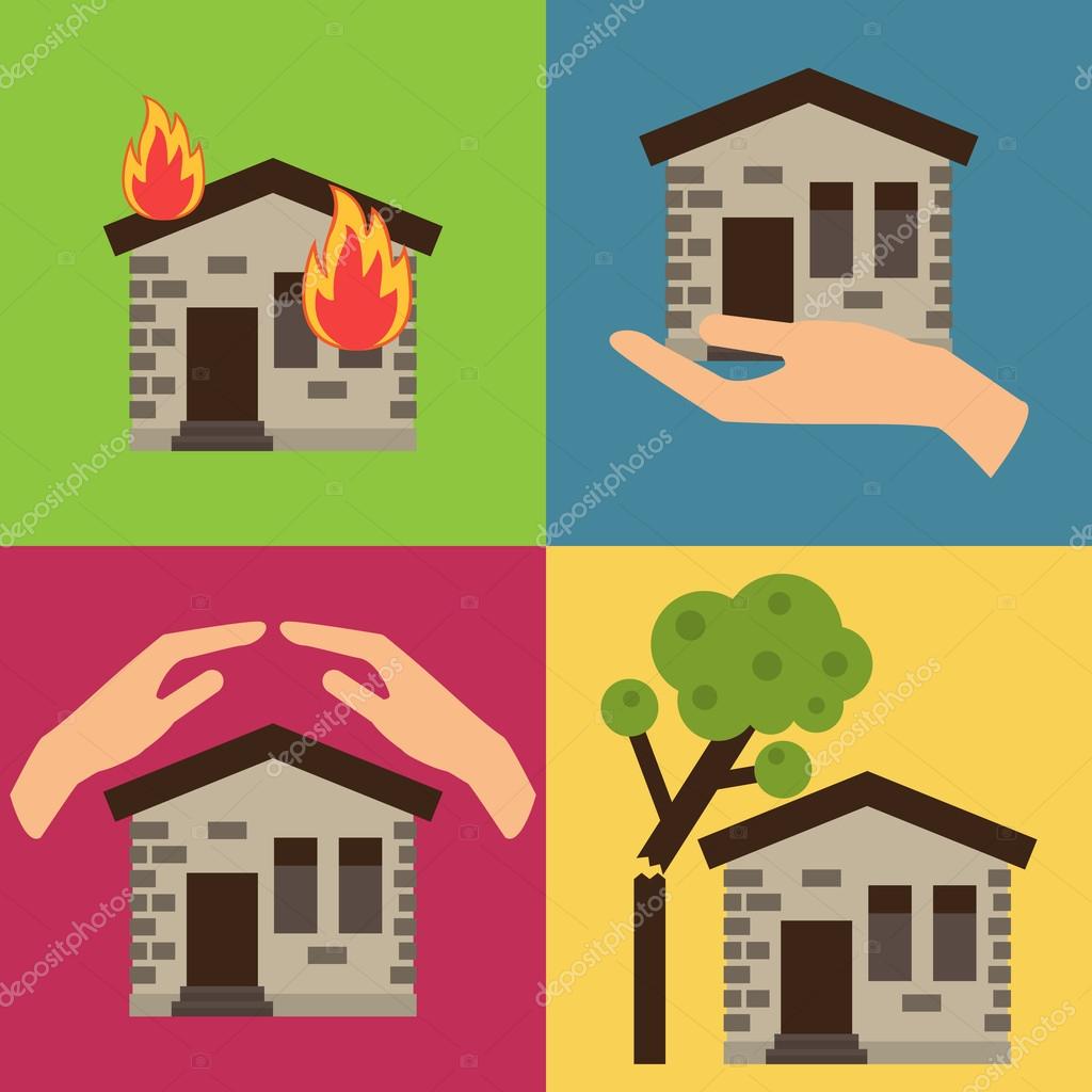 Home insurance business set vector illustration with house icons and hands. Layout template for infographics