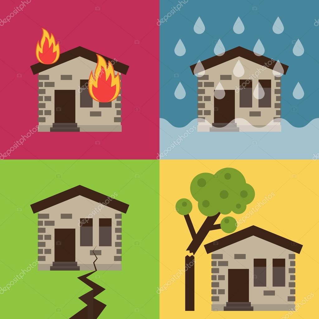 Home insurance business set vector illustration with house icons suffering from nature disaster. Layout template for infographics