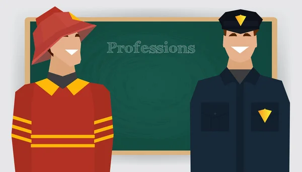 Occupation set, firefighter and policeman profession. Vector illustration. — Stockvector