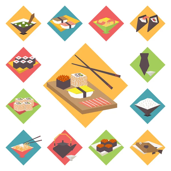 Суши, японская кухня, набор пищевых икон, вектор плоского дизайна . — стоковый вектор