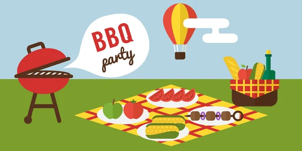 Une soirée barbecue. Barbecue et cuisson au barbecue. Illustration vectorielle design plat . — Image vectorielle
