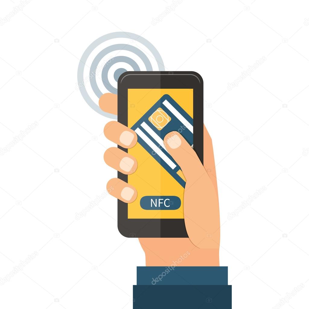 Mobile payments near field communication technology, online banking. Flat design vector.