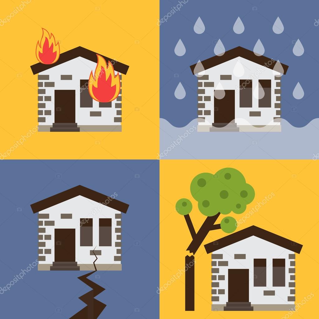 Home insurance business set vector illustration with house icons suffering from nature disaster. Layout template for infographics