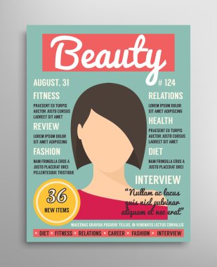 Magazine cover template about beauty, fashion and health for women. Vector illustration.