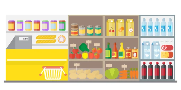 Supermarket obchod interiér s přehlídkou a nákupní košík. Plochá vektorové ilustrace. — Stockový vektor