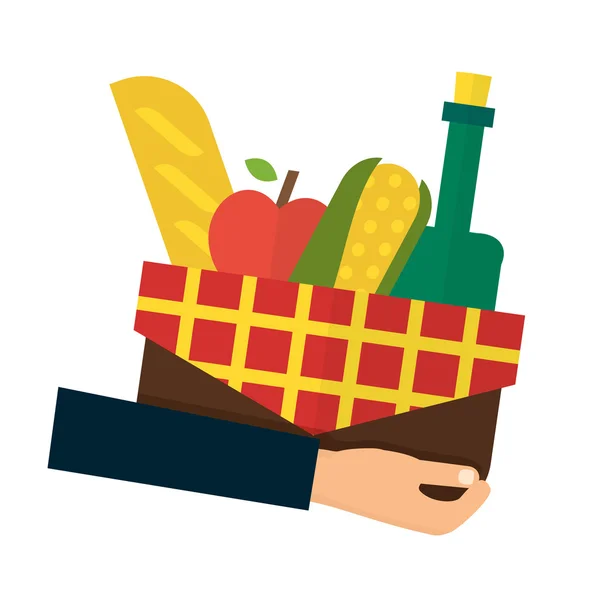 Entrega de alimentos, pedido online. Cesta de mão com produtos. Ilustrações vetoriais planas — Vetor de Stock