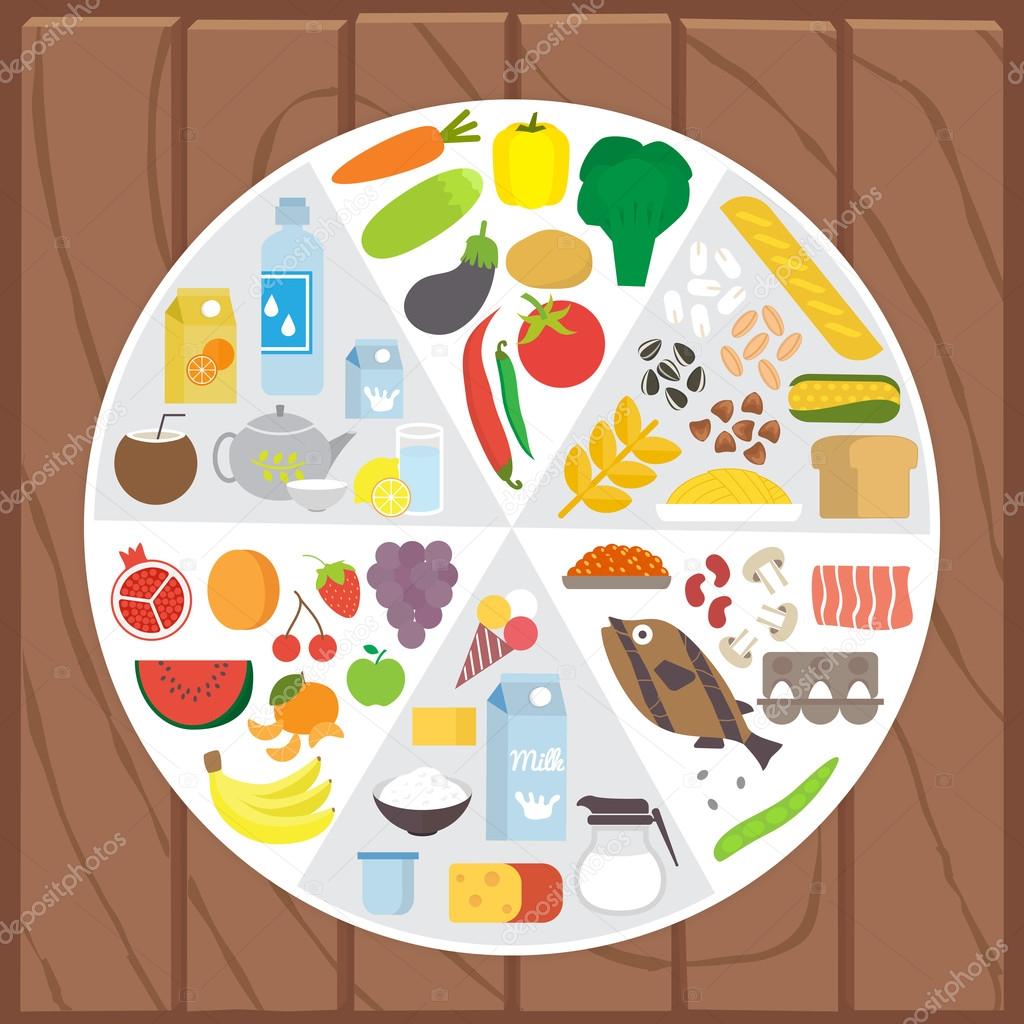 Healthy food. Infographic lifestyle concept with plate shared on portion. Flat vector illustration.