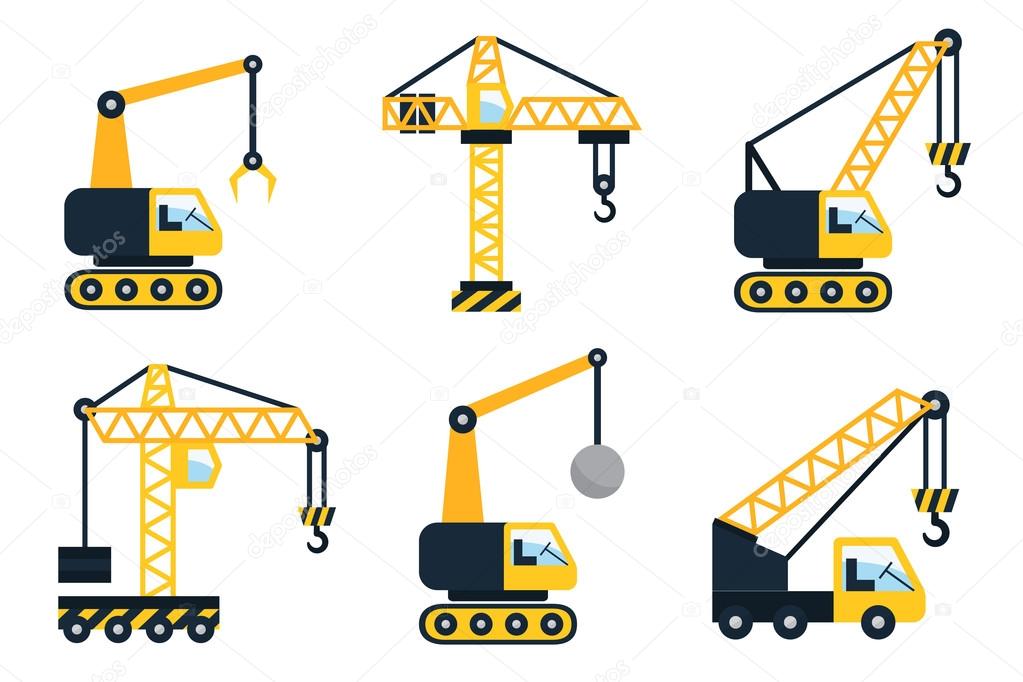 Construction icons. Types of cranes. Flat vector illustration