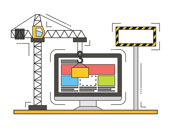 Conception plate vectorielle de ligne mince de site Web en construction, processus de construction de page Web . — Image vectorielle