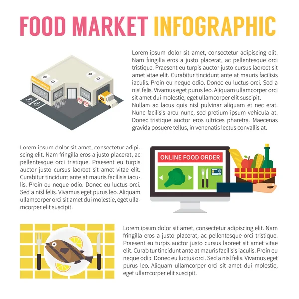 Infografica del mercato alimentare, supermercato, shopping online e cucina . — Vettoriale Stock