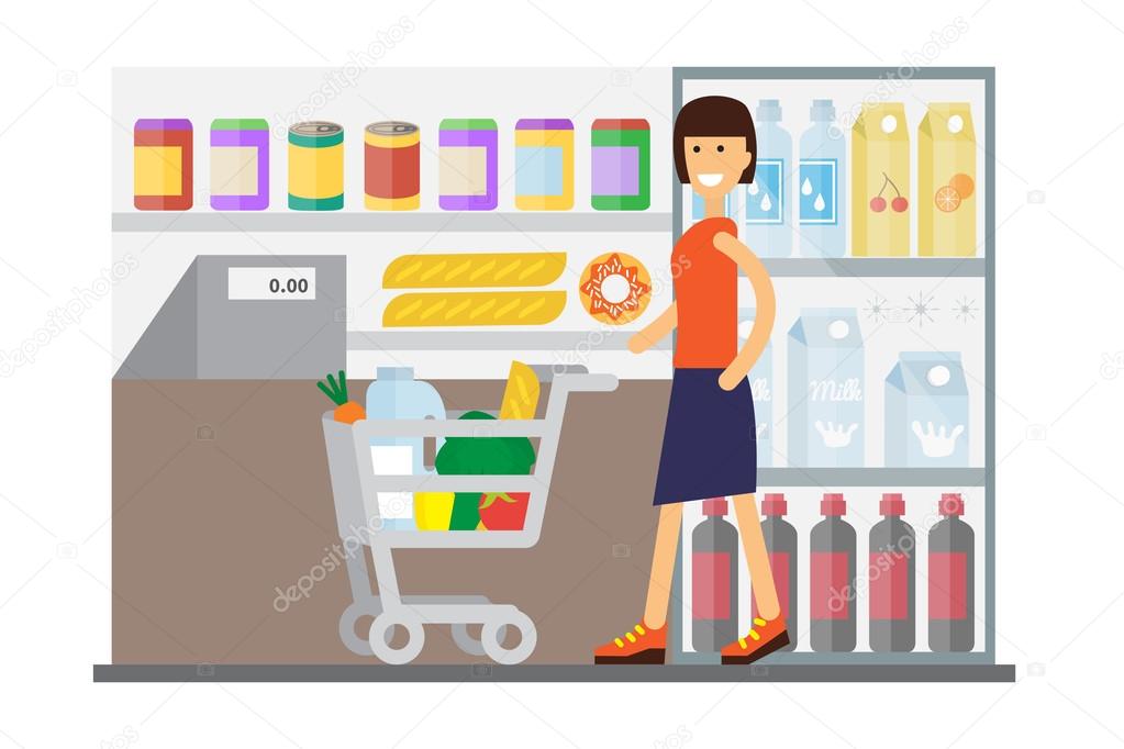 Woman in supermarket. Flat design vector.