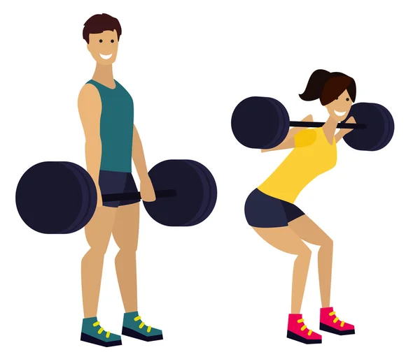 Fitness homme et femme avec haltère en salle de gym — Image vectorielle