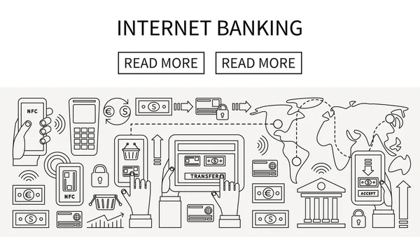 Интернет-банкинг, мобильные платежи, перевод денег. Линейный вектор плоской конструкции — стоковый вектор