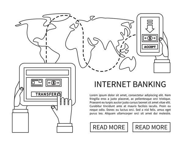 Internetové bankovnictví, mobilní platby, převody peněz. Lineární plochý design vektor — Stockový vektor